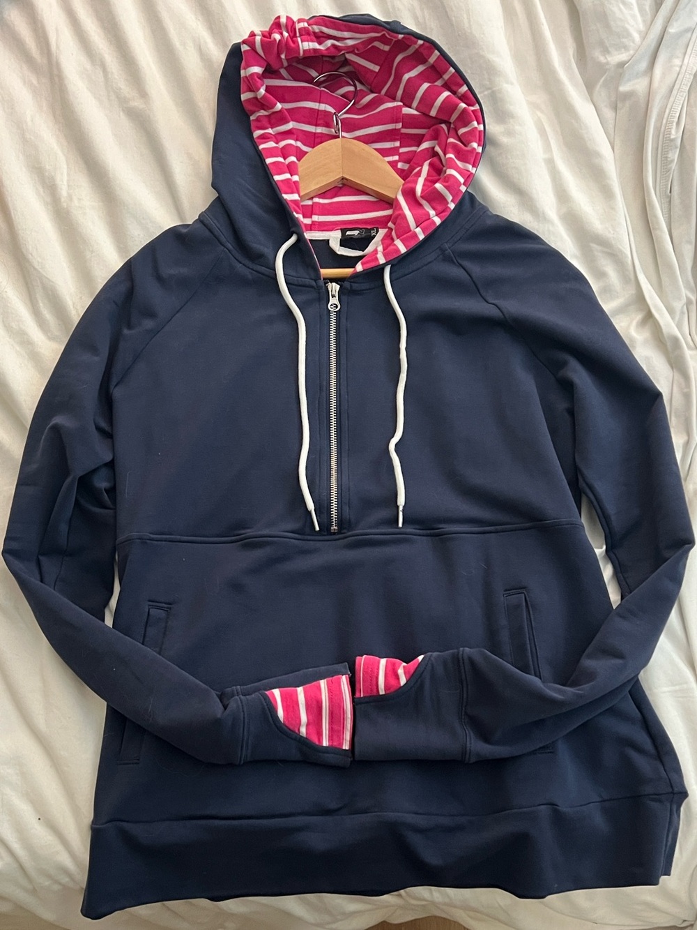 7 Degrees Navy Pullover Hoodie with Pink Striped Hood Lining, Size XL